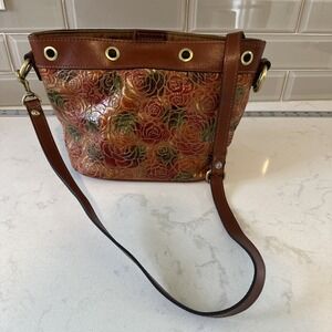 Patricia Nash Glazed Floral Rose Tooled Leather Crossbody Bag Grommets Rare
